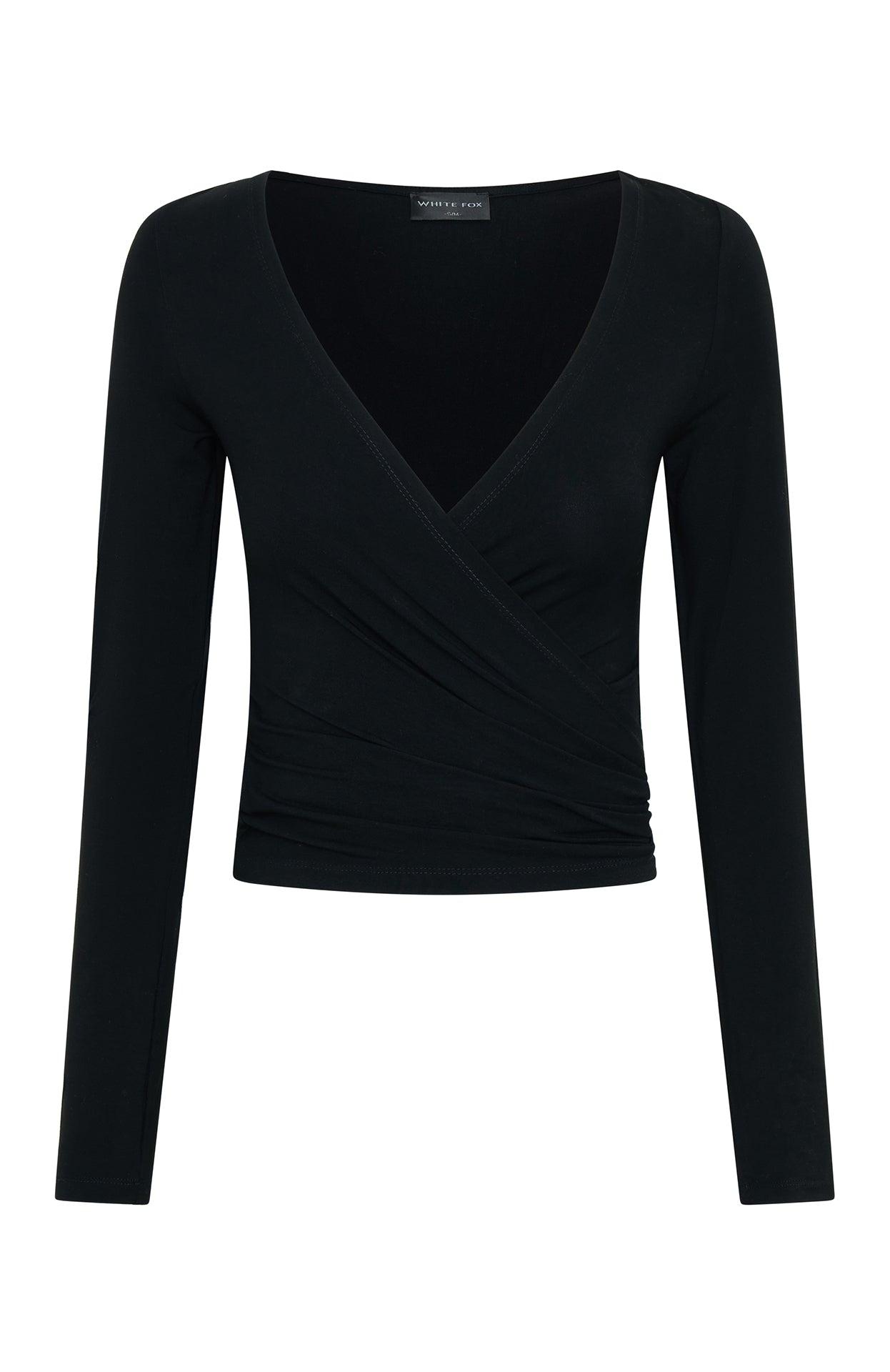 Staying Cute Long Sleeve Wrap Top Black Product Image