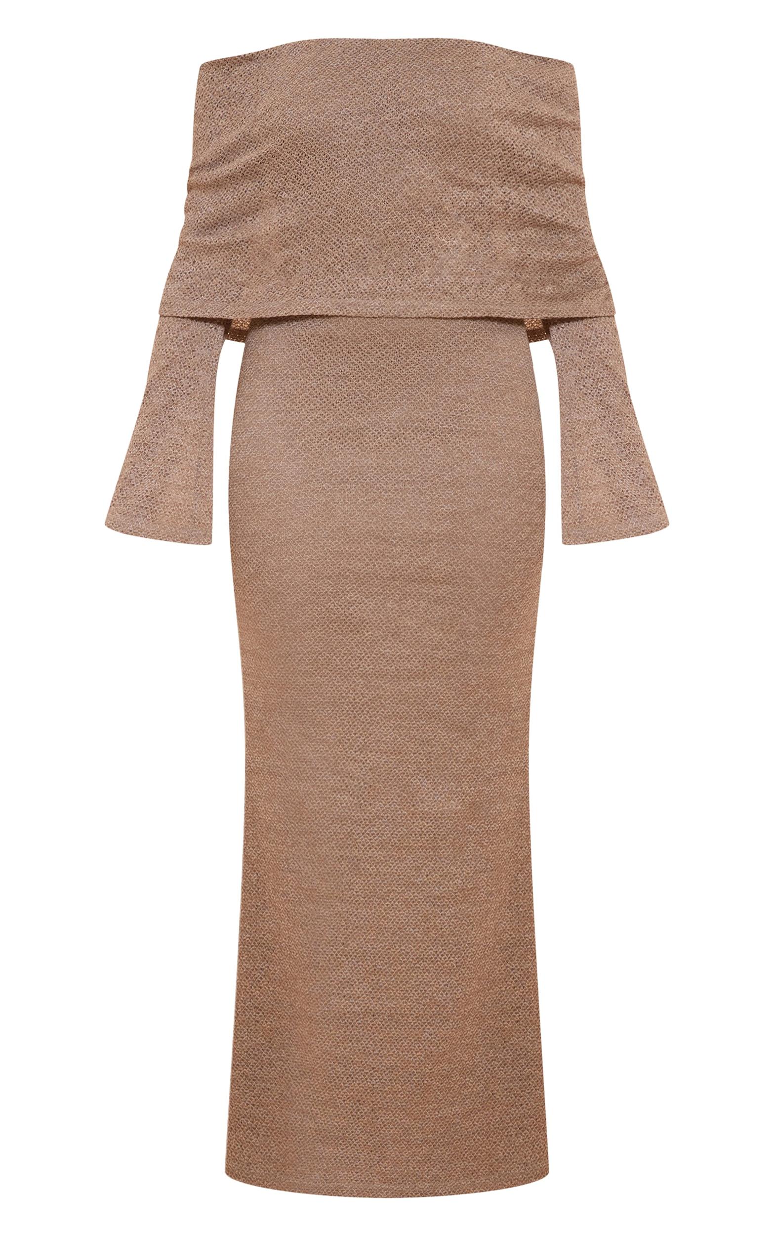 Mocha Textured Bardot Foldover Maxi Dress Product Image