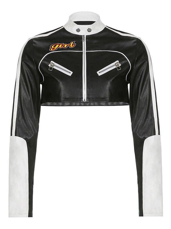 Cropped Patchwork Pu Leather Jacket Product Image