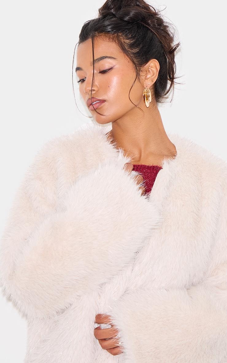 Cream Glitter Faux Fur Coat Product Image