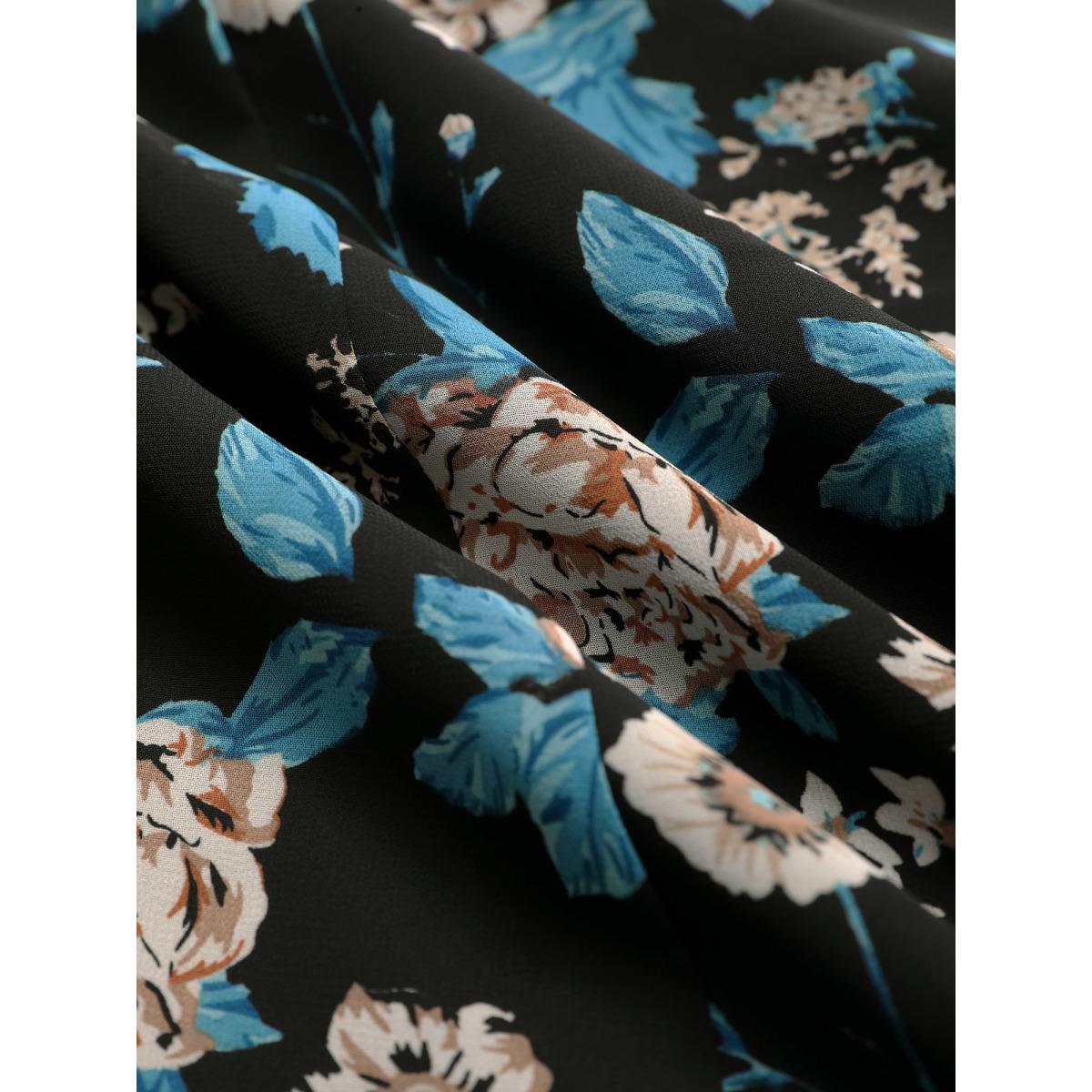 Plus Size BlackFlower Chiffon Floral Print Ties Flutter Trim Blouse Women Elegant Long Sleeve Tie Neck Work Blouses BloomChic 30/6X Product Image