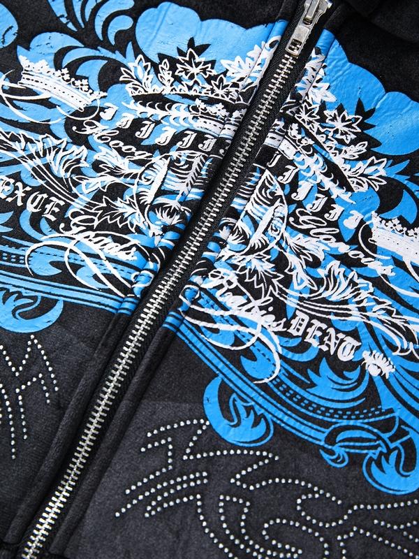 Grunge Rhinestone Print Zip Up Hoodie Product Image
