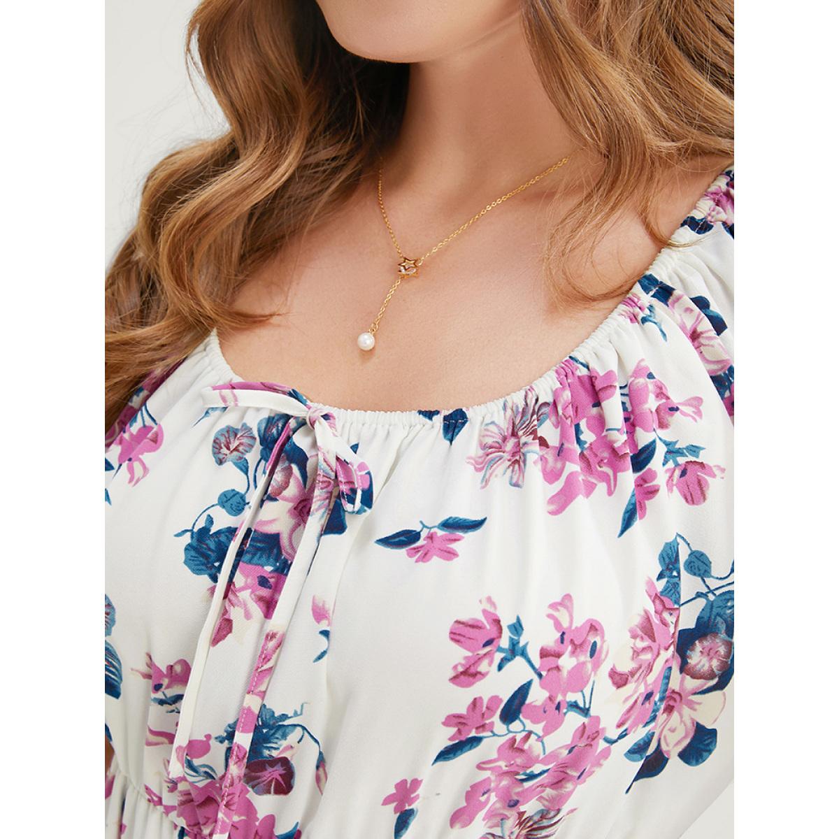 Plus Size Floral Puff Sleeve Pocket Knot Front Scoop Neck Flutter Dress White Women Elegant Lined Scoop Neck Short sleeve Curvy Midi Dress BloomChic 18-20/2X Product Image