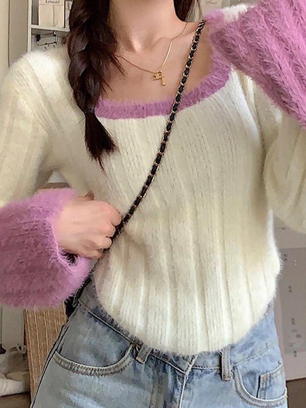 Contrast Color Splice Trumpet Sleeve Slim Sweater Product Image