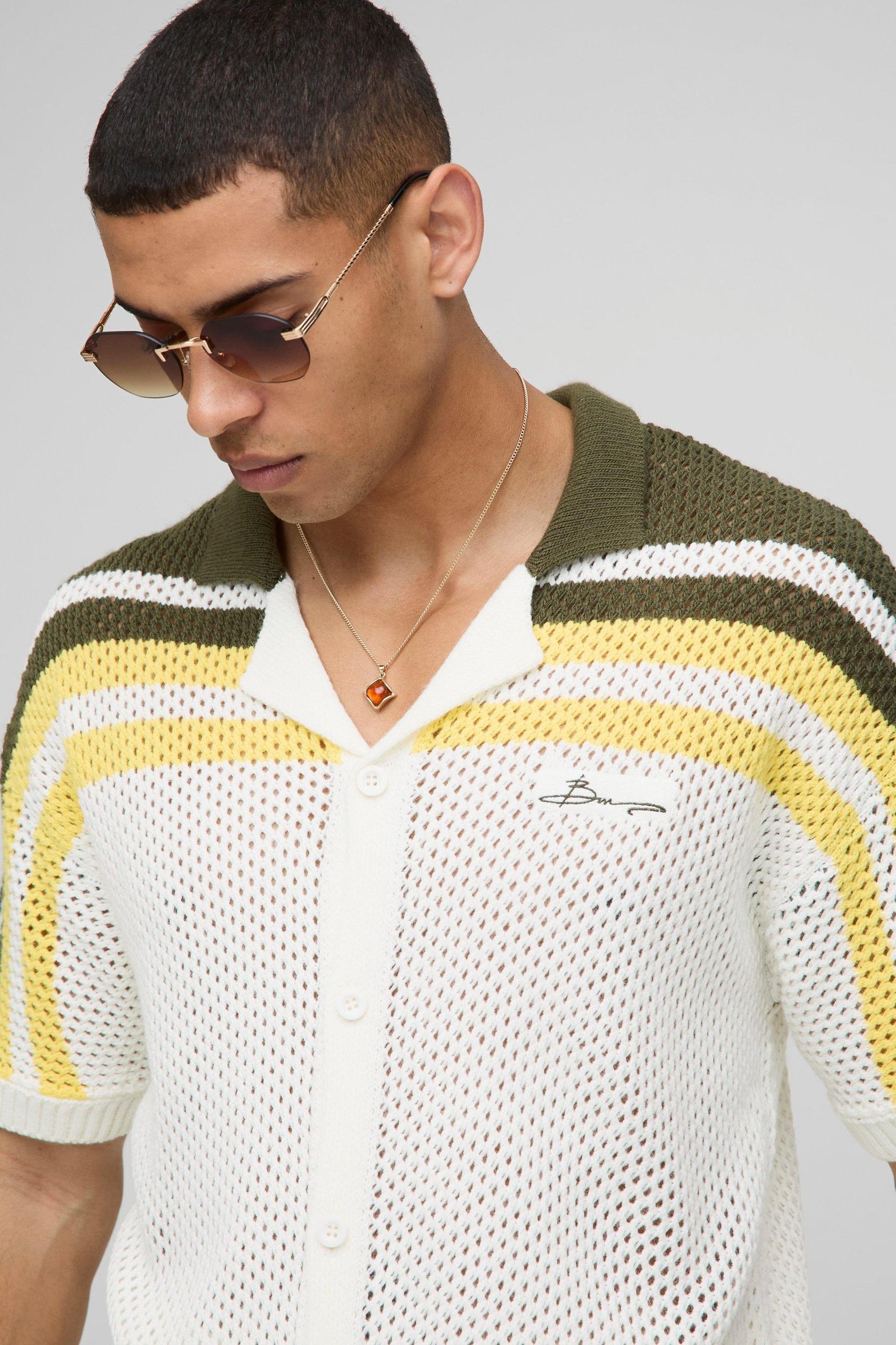 Relaxed Fit Striped Open Stitch Knitted Shirt | boohooMAN USA Product Image