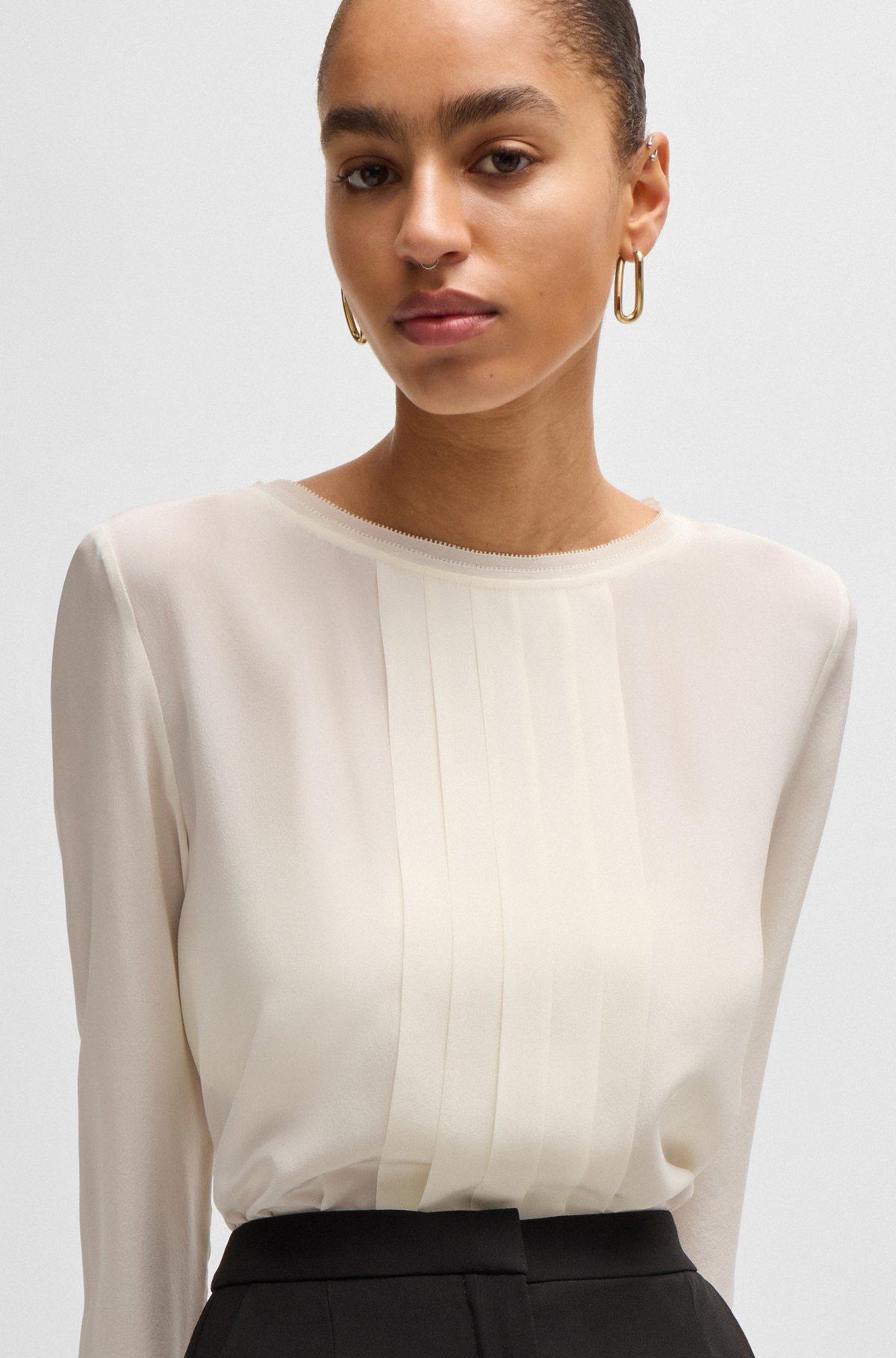 BOSS - Long-sleeved blouse in washed silk with pleated front - White Product Image