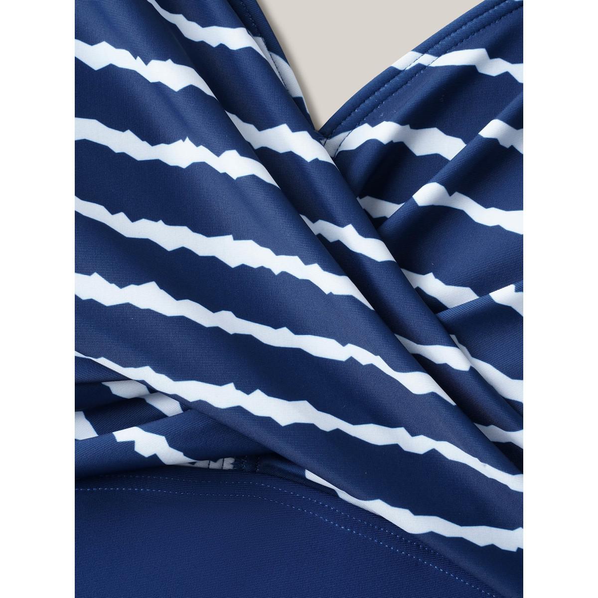 Plus Size Stripes Spliced Ruched Swim Top Women's Swimwear Indigo Beach Gathered High stretch Skinny Overlap Collar Curve Swim Tops BloomChic 28/5X Product Image