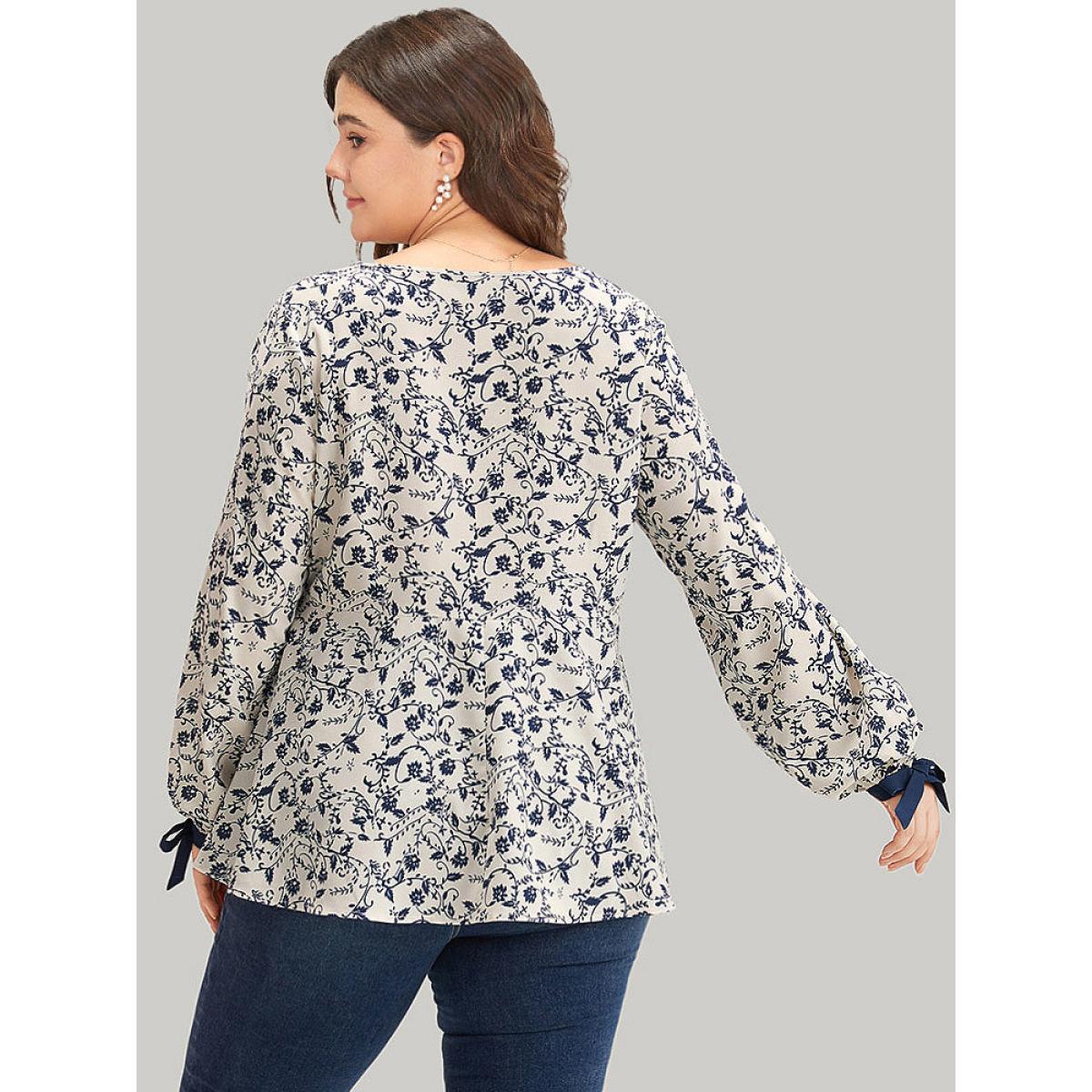 Plus Size Black Boho Print Notched Knot Lantern Sleeve Blouse Women Vacation Long Sleeve Notched collar Dailywear Blouses BloomChic 10/M Product Image