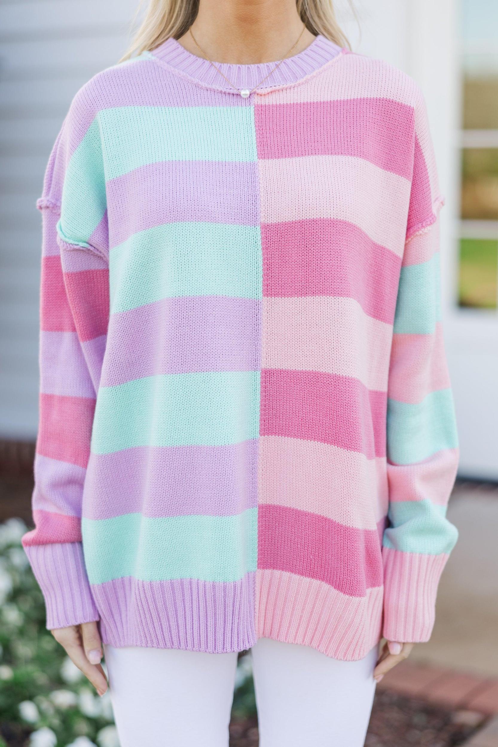 All About You Mint & Coral Striped Sweater Female Product Image
