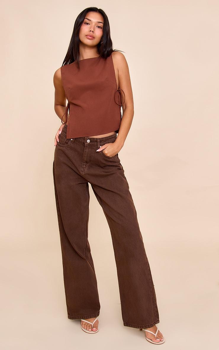 Chocolate Woven Open Tie Side Long Top Product Image