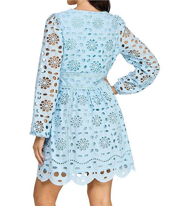 Layered With Love Kris Cotton Eyelet Knit V-Neck Long Sleeve Trim Detail Fit & Flare Dress Product Image