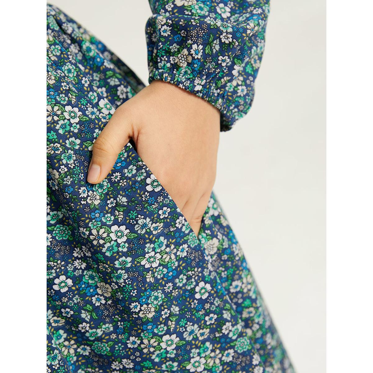 Plus Size Ditsy Floral Wrap Shirred Pocket Lantern Sleeve Dress Indigo Women Elegant Elastic cuffs V-neck Long Sleeve Curvy Midi Dress BloomChic 10/M Product Image