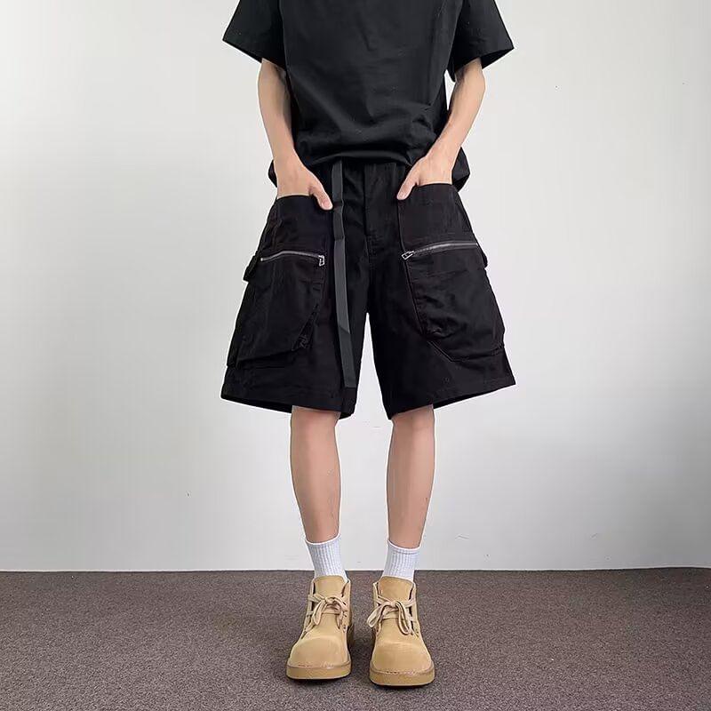 Drawstring Waist Plain Cargo Shorts Product Image