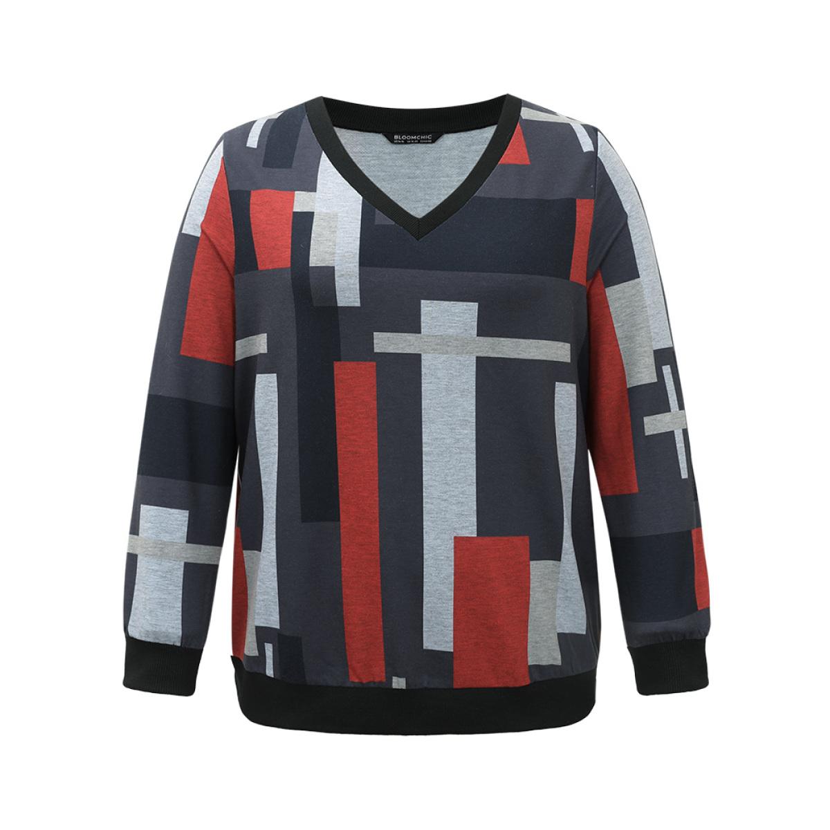 Plus Size Colorblock Contrast V Neck Rib Knit Sweatshirt Women DimGray Casual Rib Knit V-neck Dailywear Sweatshirts BloomChic 14-16/1X Product Image