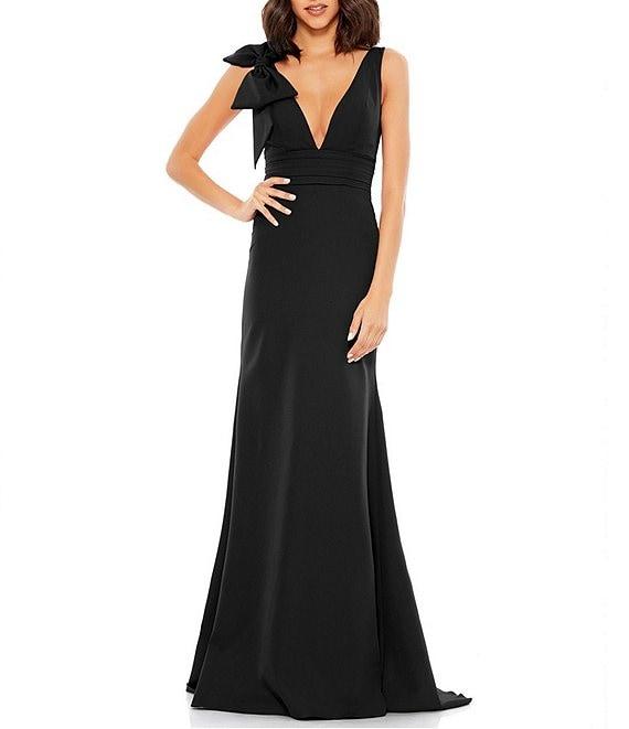 Ieena for Mac Duggal Plunging V-Neck Bow Shoulder Sleeveless Low Back Detail A-line Dress Product Image