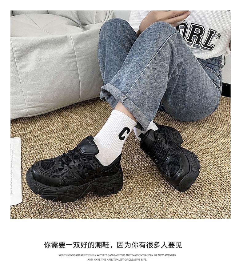 Plain Mesh Panel Lace-Up Platform Sneakers Product Image