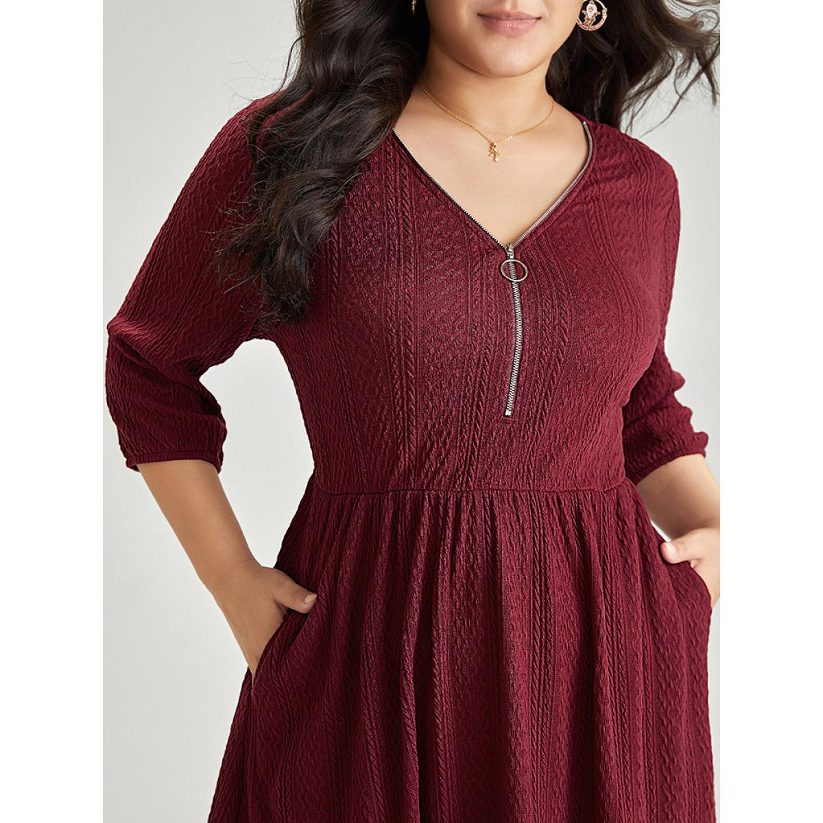 Plus Size Solid Half Zip Elastic Waist Lantern Sleeve Jacquard Dress Scarlet Women Casual Elastic cuffs V-neck Elbow-length sleeve Curvy Midi Dress BloomChic 12/L Product Image