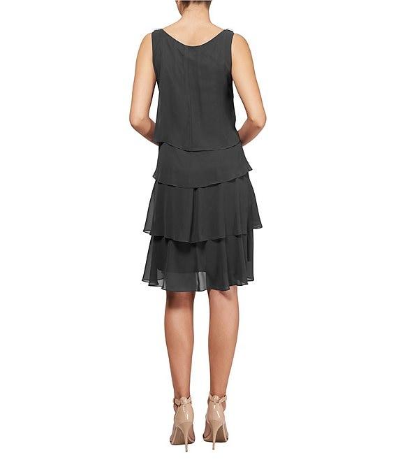 Ignite Evenings Sleeveless Crew Neck Tulip Tiered Chiffon Shift Dress Product Image