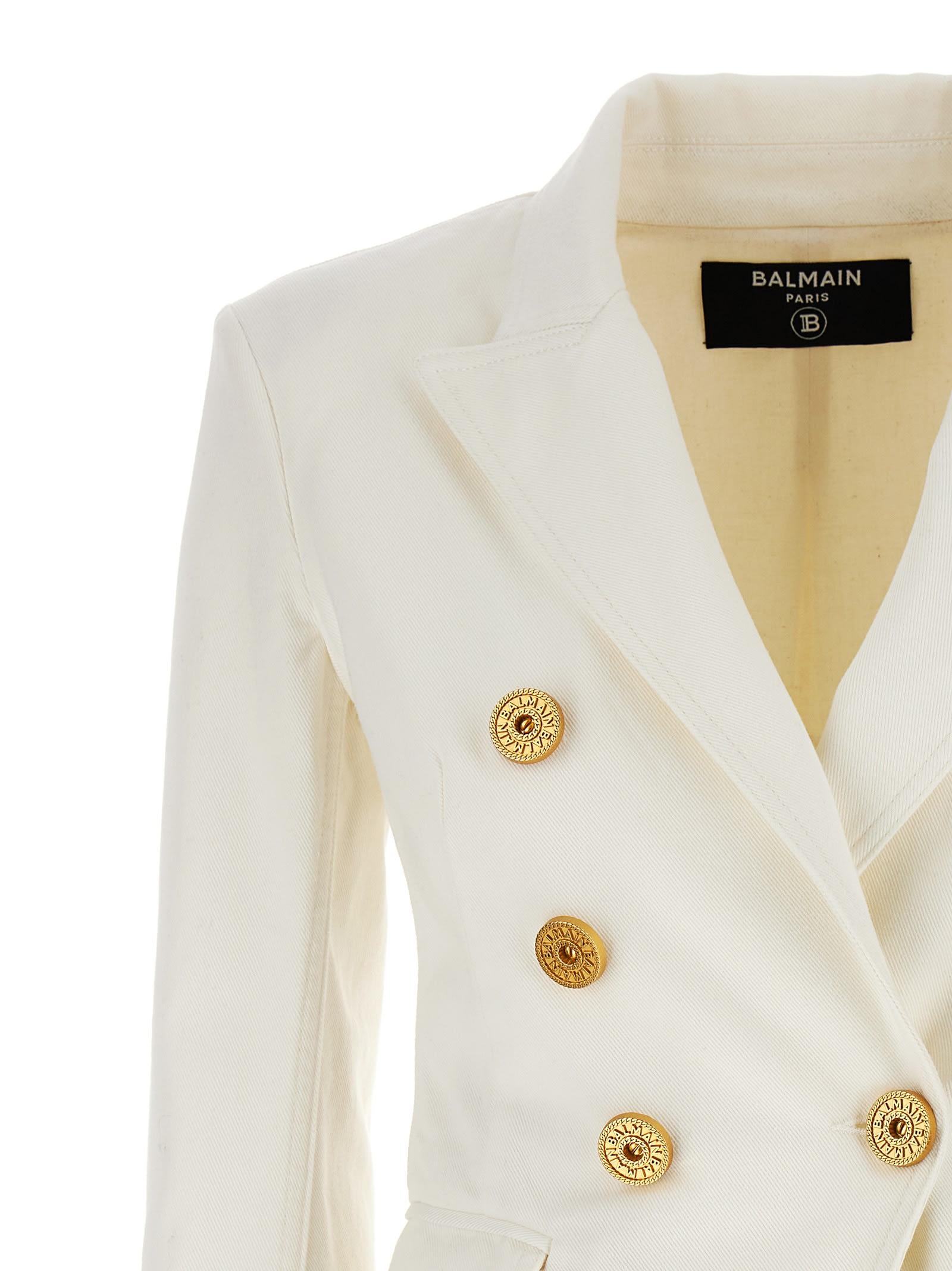 BALMAIN Double-breasted Structured Denim Blazer With Peak Lapel In White Product Image