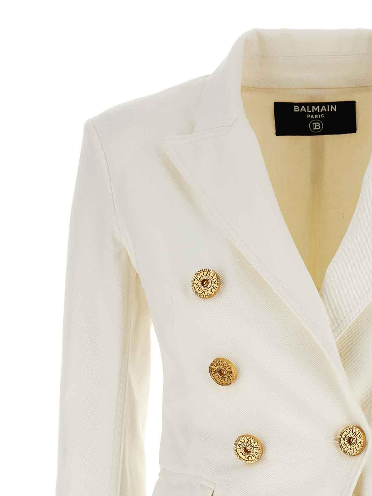 BALMAIN Double-breasted Structured Denim Blazer With Peak Lapel In White Product Image