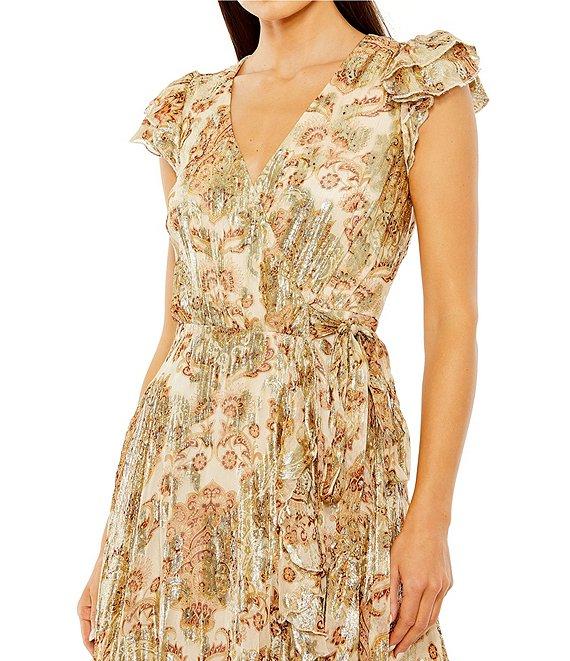 Mac Duggal V-neck Flutter Sleeve Floral Print Chiffon Ruffle Hem Aline Midi Dress Product Image
