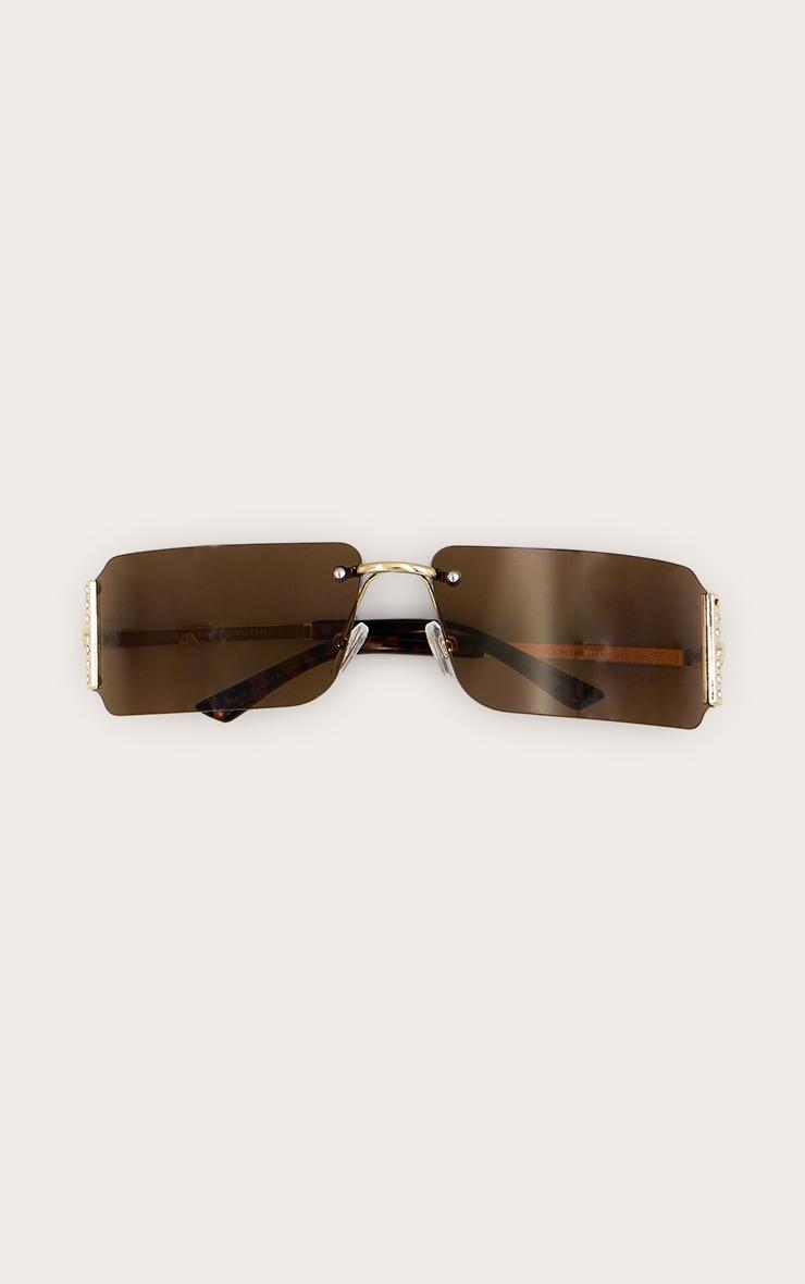 Brown Square Diamante Side Wrap Round Sunglasses Product Image