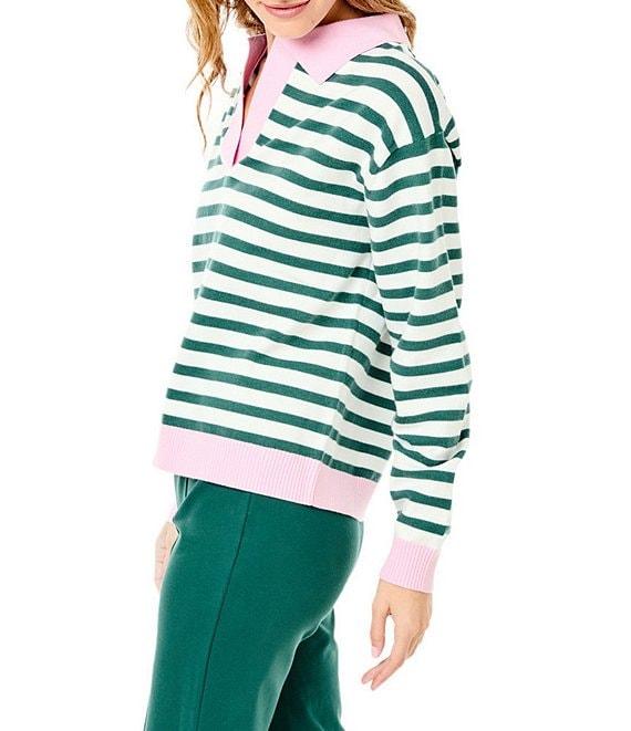 Addison Bay Lauderdale Color Block Stripe Point Collar V-Neck Dropped Long Sleeve Pullover Sweater Product Image