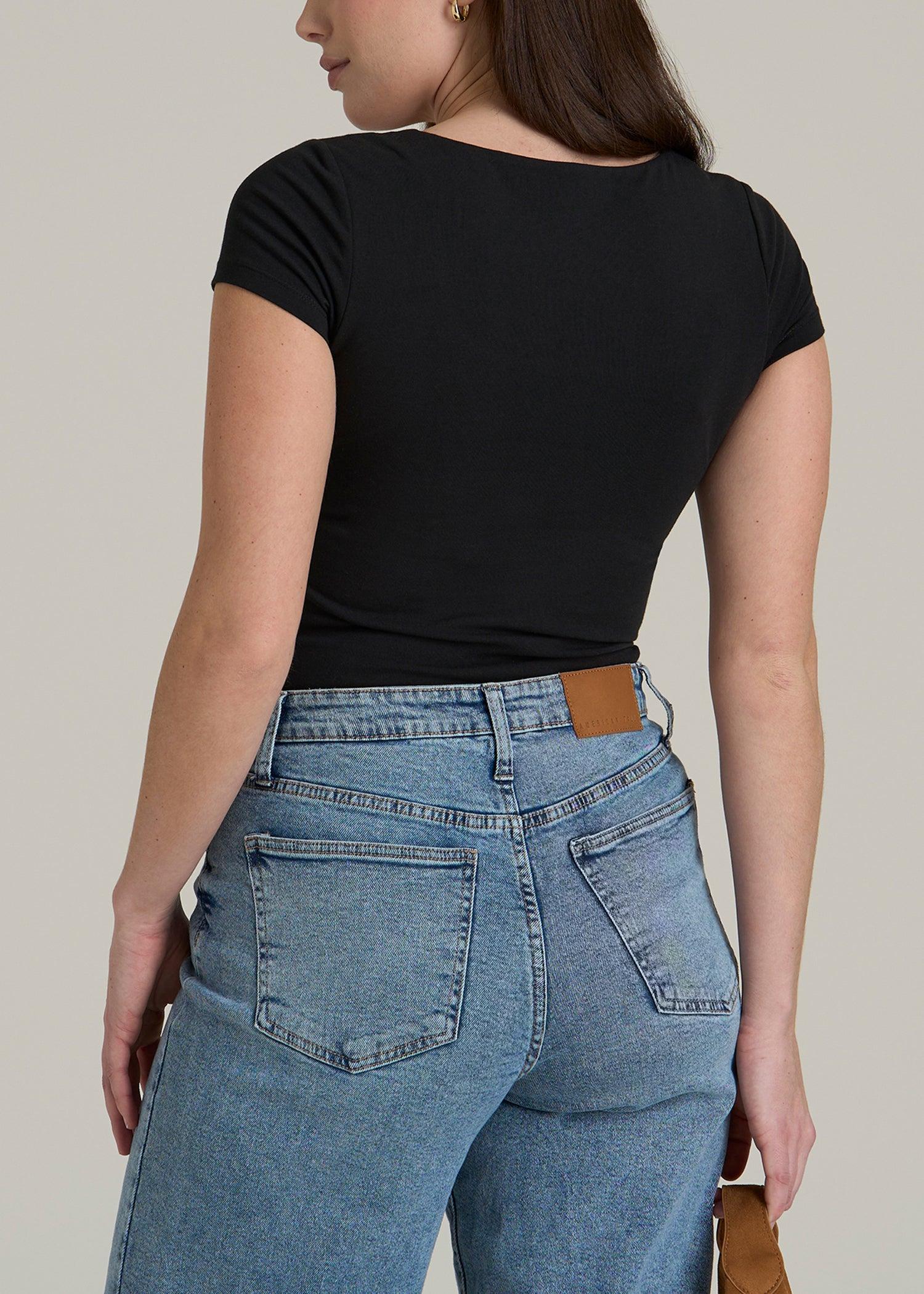 Cotton Blend Short Sleeve Square Neck Bodysuit for Tall Women in Black Female Product Image