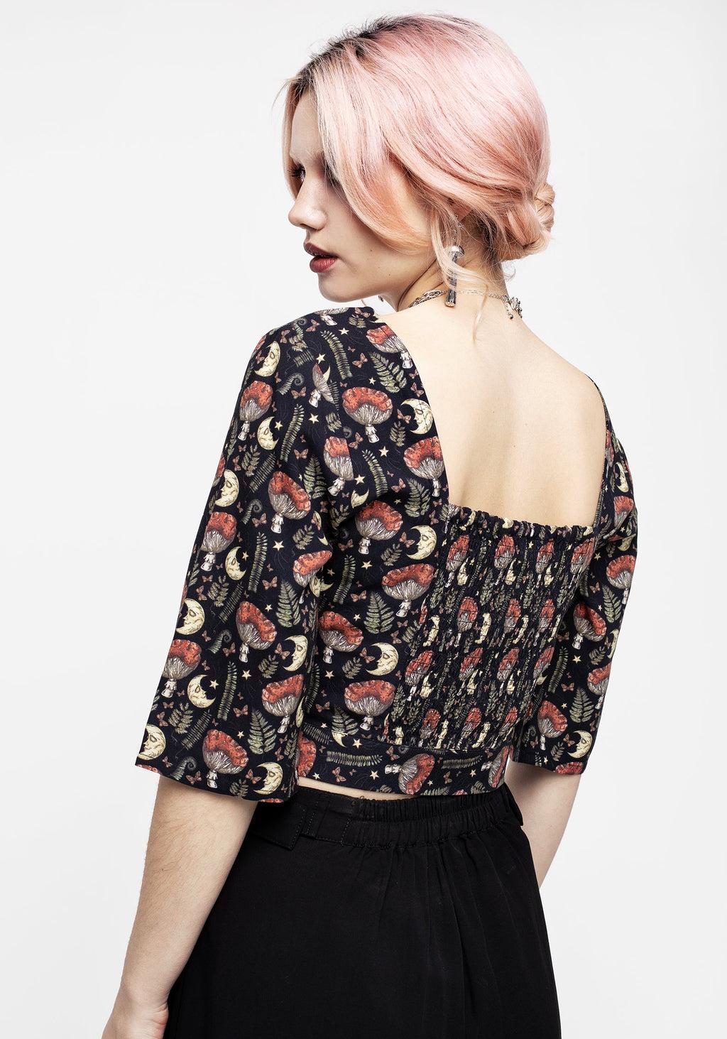 Dreamfast Mushroom Moon Print Button Up Tie Crop Top Product Image
