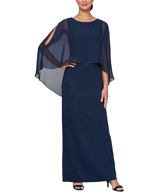 Ignite Evenings Scoop Neck Chiffon Overlay and 3/4 Sleeve with Bugle Bead Detail Sheath Dress Product Image