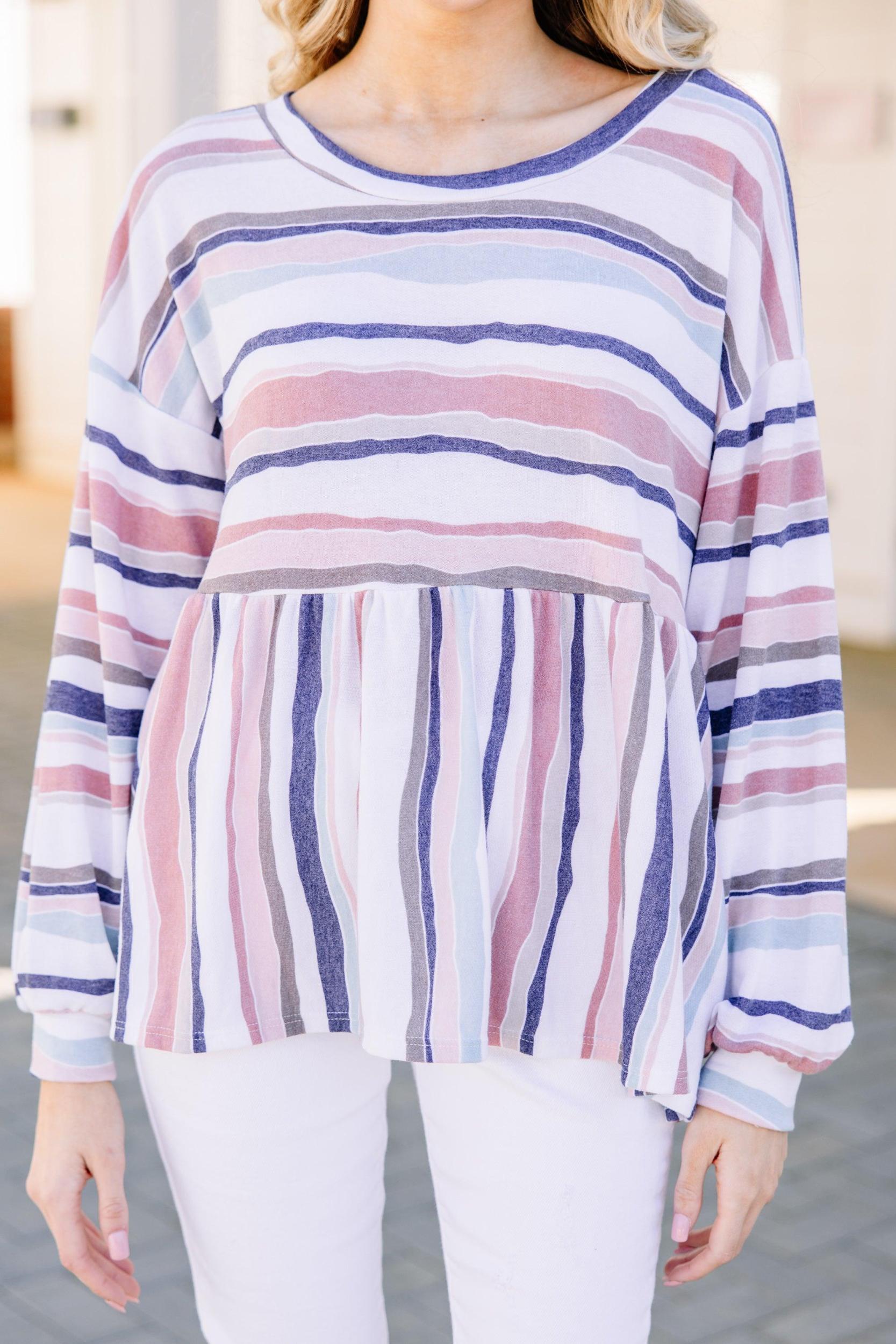 Let's Find Out Coral Orange Striped Bubble Sleeve Top Female Product Image