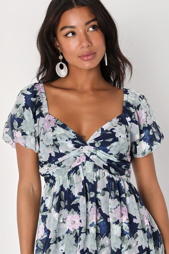 Fresh Florals Navy Blue Floral Print Puff Sleeve Mini Dress Product Image