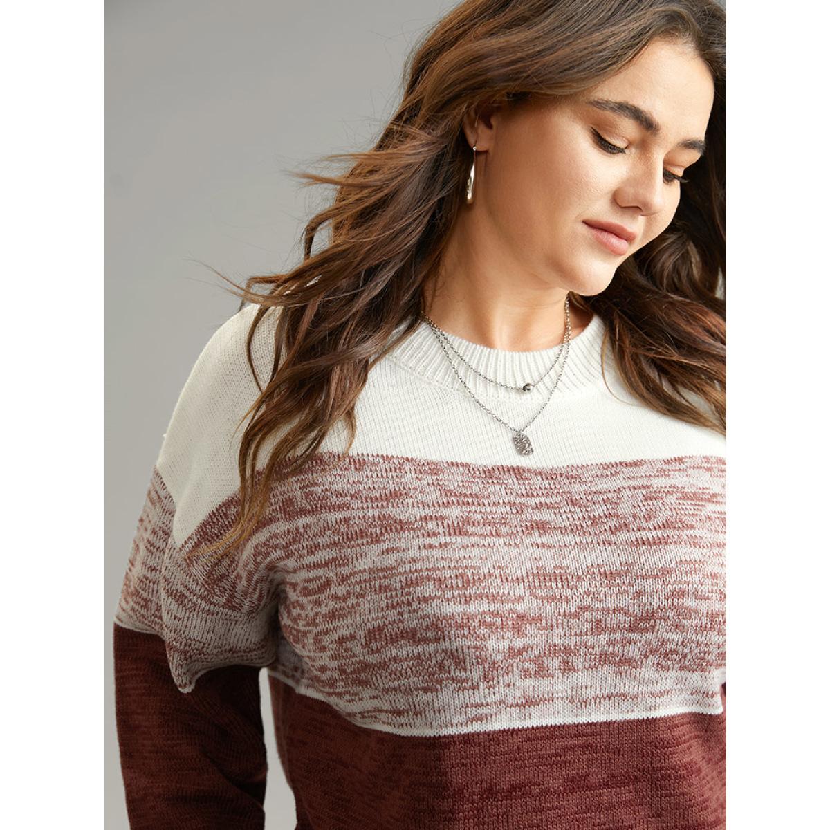 Plus Size Heather Colorblock Contrast Knit Pullover Russet Women Casual Loose Long Sleeve Round Neck Dailywear Pullovers BloomChic 14-16/1X Product Image