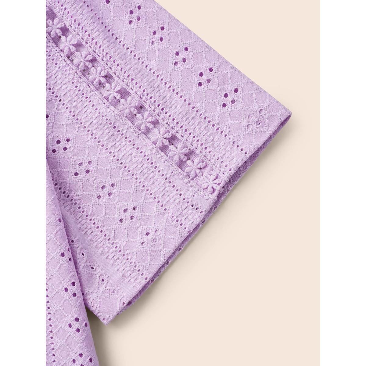 Plus Size Solid Round Neck Broderie Anglaise T-shirt Lavender Women Elegant Woven ribbon&lace trim Round Neck Everyday T-shirts BloomChic 12/L Product Image