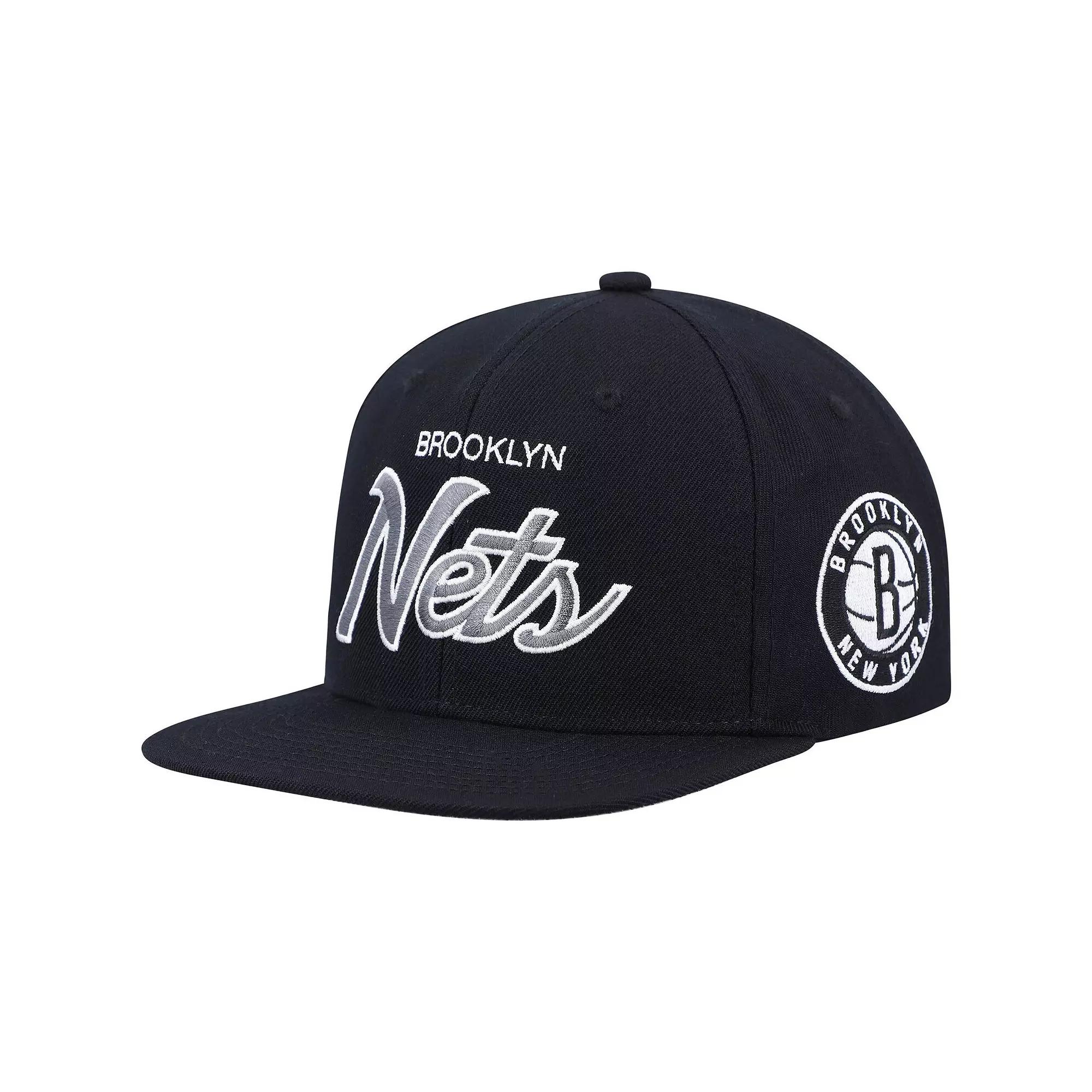 Men's Mitchell & Ness Black Brooklyn Nets Hardwood Classics Script 2.0 Snapback Hat Product Image