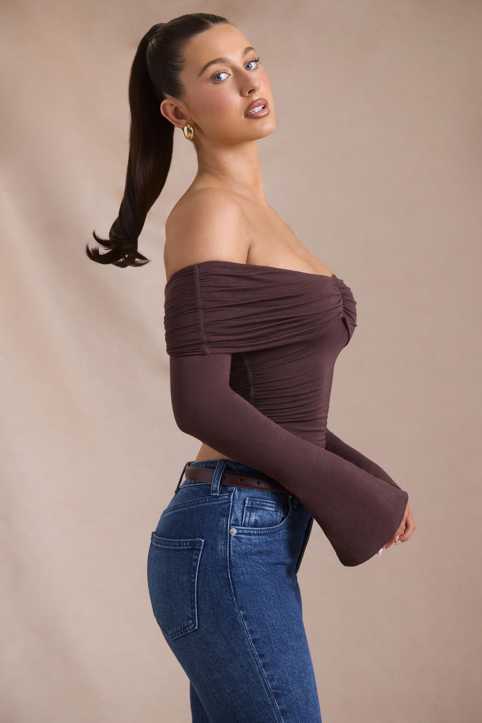 Modal-Cashmere Blend Off-Shoulder Ruched Top in Espresso Product Image