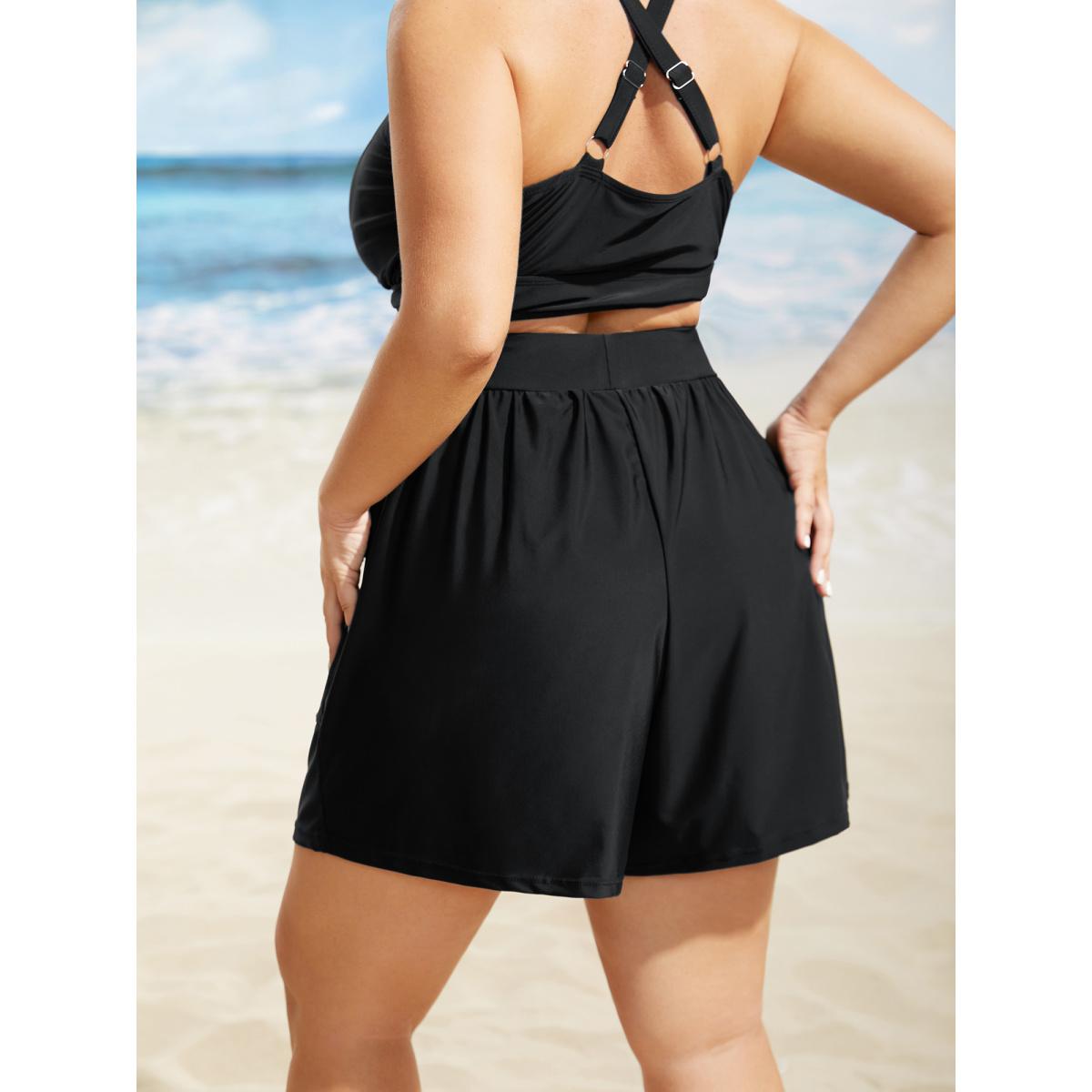 Plus Size High Rise Slanted Pocket Gathered Swim Bottom Women's Swimwear Black Beach Gathered High stretch Bodycon High Rise Slanted pocket Curve Swim Bottoms BloomChic 12/L Product Image