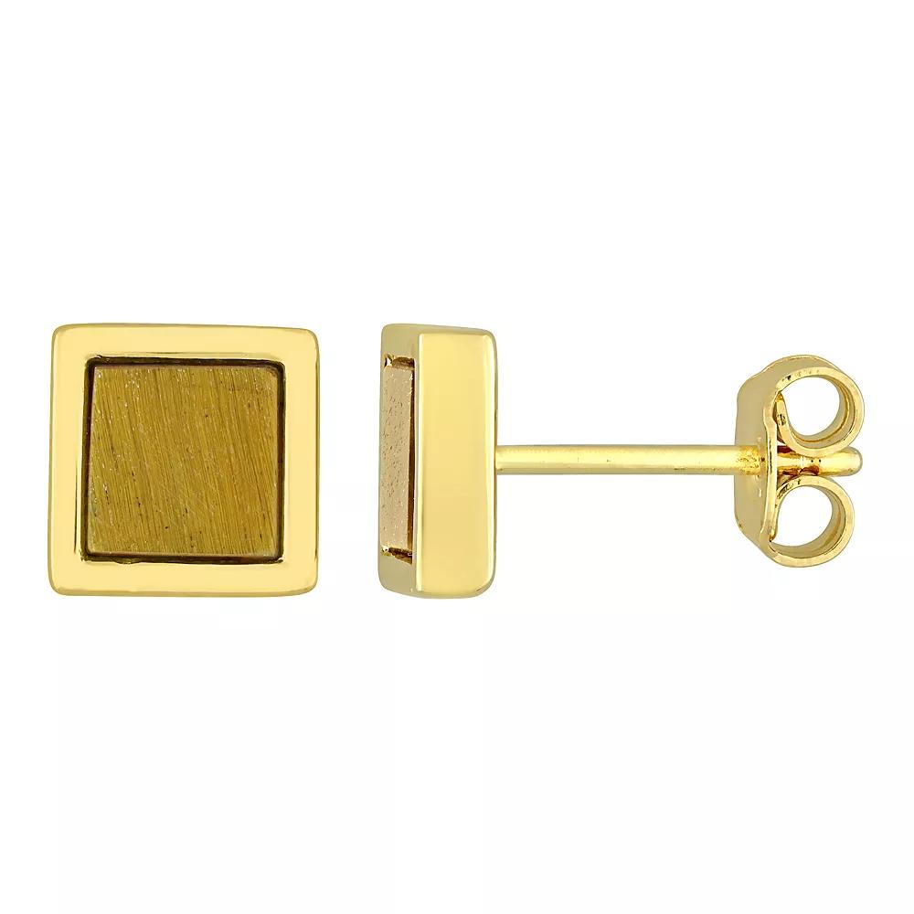 Stella Grace Men's 18k Gold Over Silver Tiger's Eye Square Stud Earrings, 18k Gold Plated Product Image