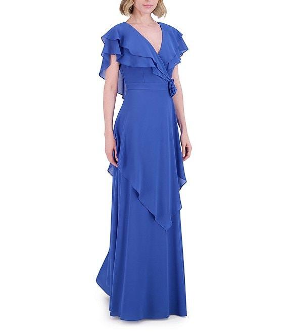 Jessica Howard Long Ruffle Rosette Chiffon Dress Product Image