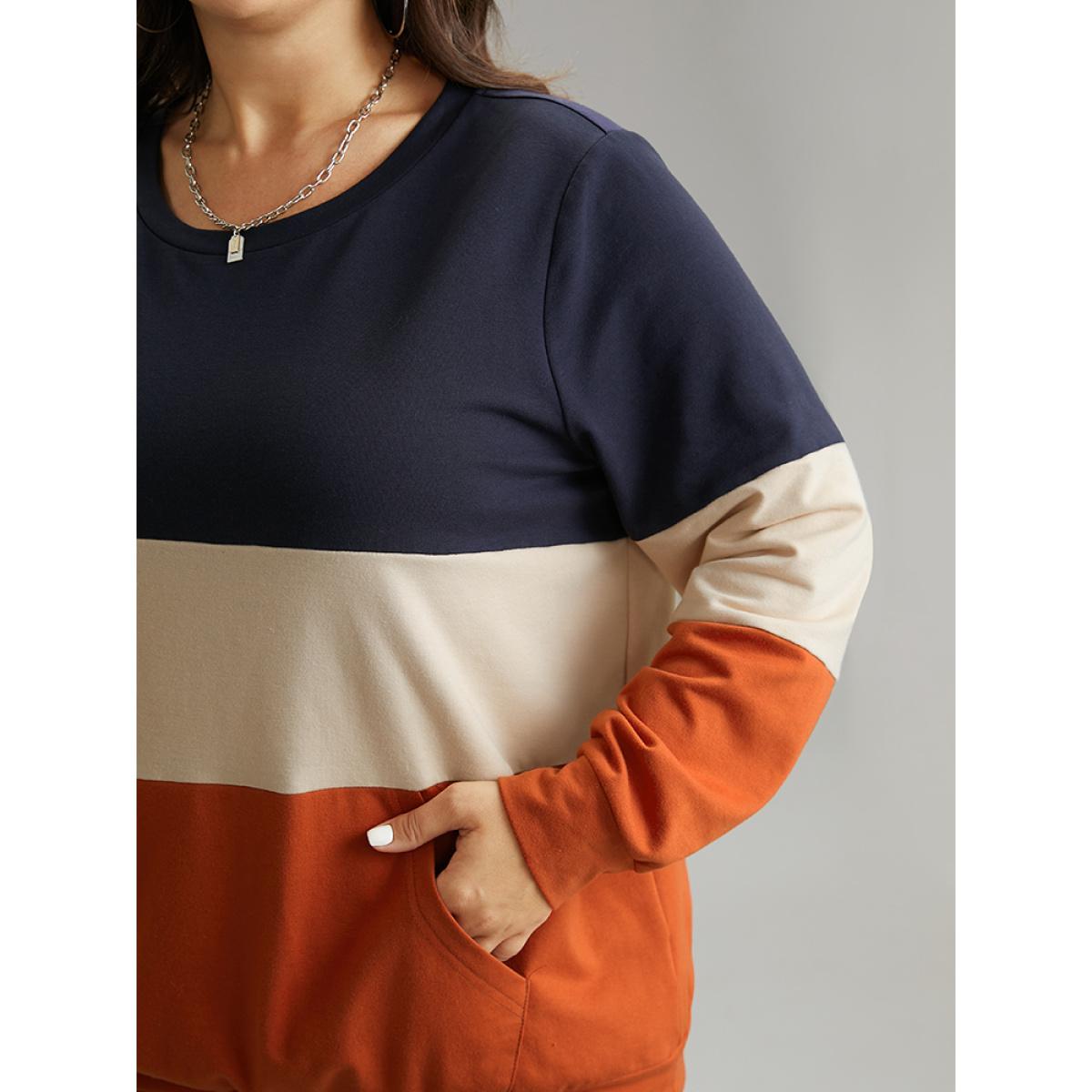 Plus Size Colorblock Contrast Crew Neck Kangaroo Pocket Sweatshirt Women Multicolor Casual Contrast Round Neck Dailywear Sweatshirts BloomChic 14-16/1X Product Image