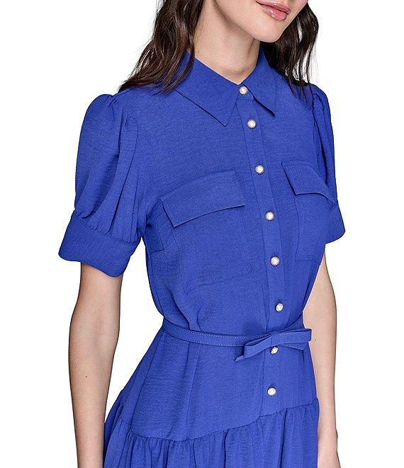 KARL LAGERFELD PARIS Short Sleeve Drop Waist Midi Shirt Dress Product Image