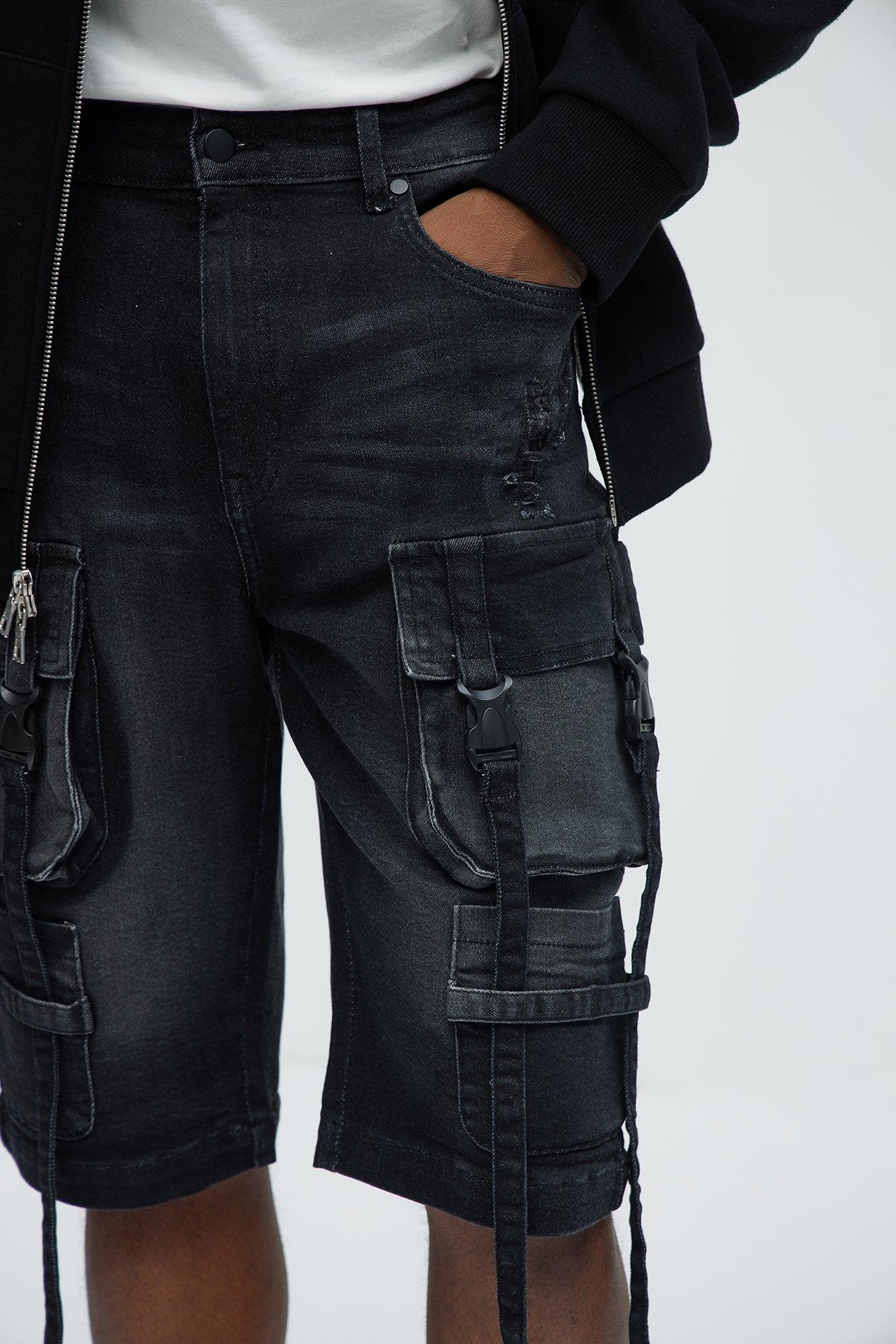 Buckle Down Strapped Relaxed Denim Shorts - Black Product Image