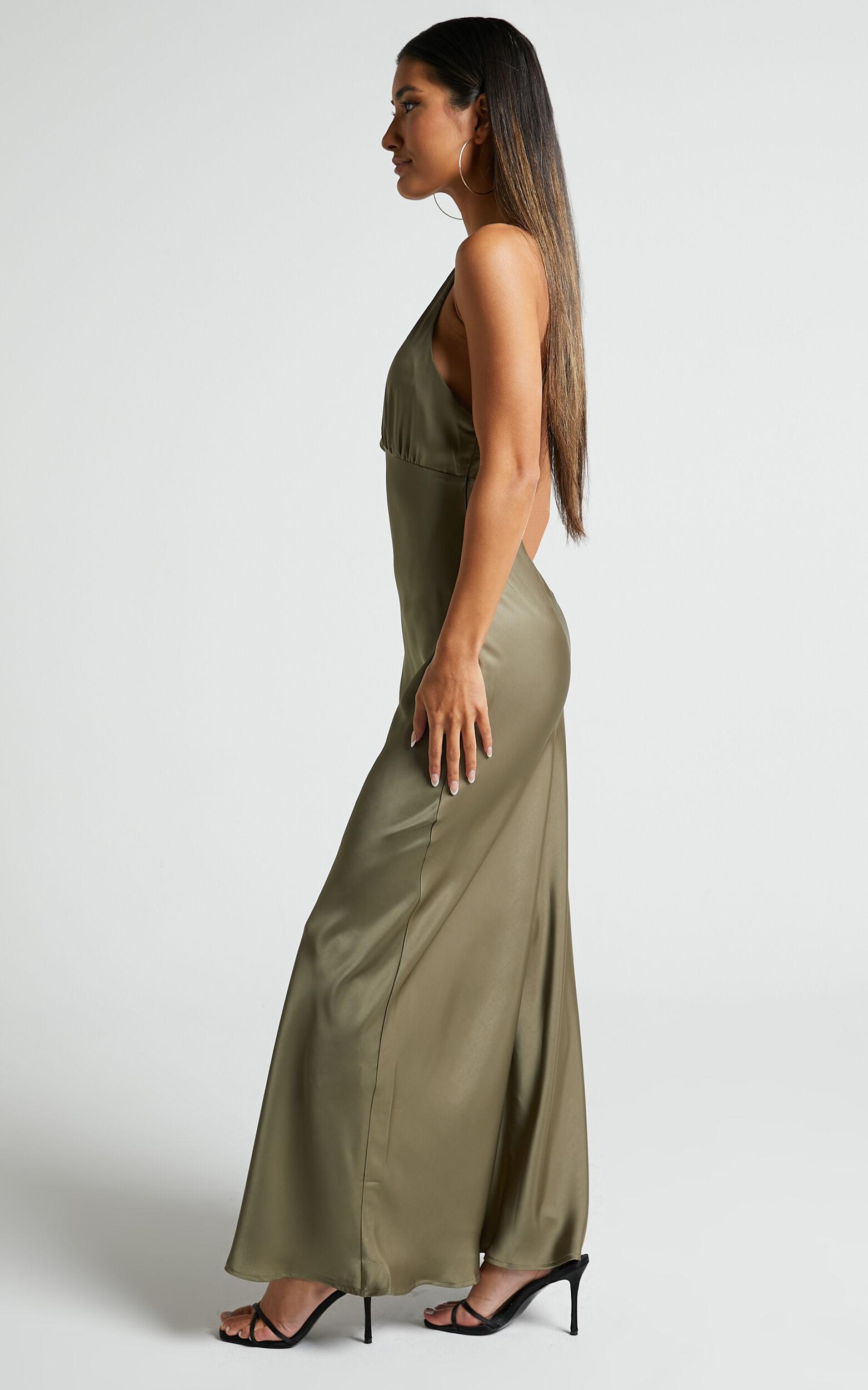 Khalani Midi Dress - Deep V Neck Satin Slip Dress in Dark Olive Product Image