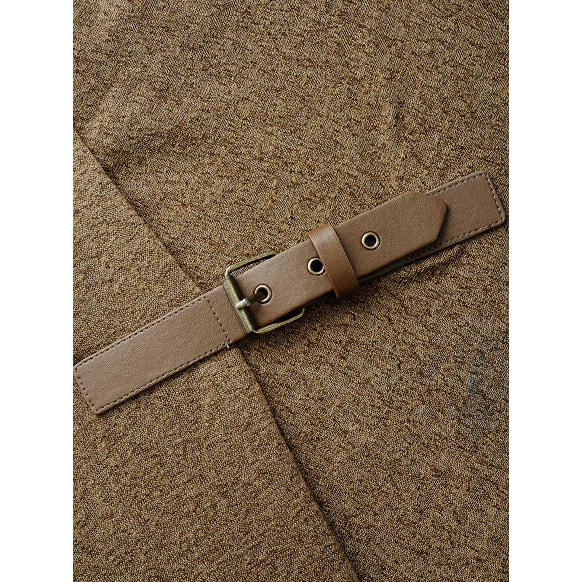 Plus Size Knitted Leather Buckle Cape Styled Shawl Women Yellowishbrown Elegant Asymmetrical Loose Ladies Everyday Winter Coats BloomChic 12/L Product Image