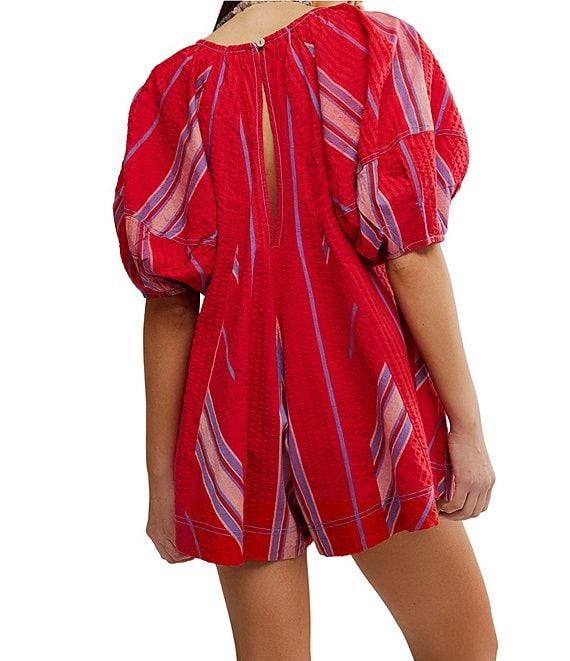 Free People Bop Around Printed Scoop Neckline Short Puff Sleeve Romper Product Image