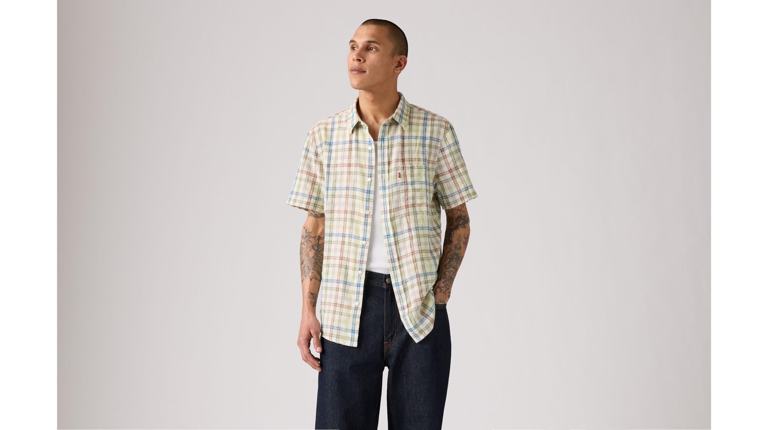 Short Sleeve Sunset Cotton Linen One Pocket Shirt Product Image