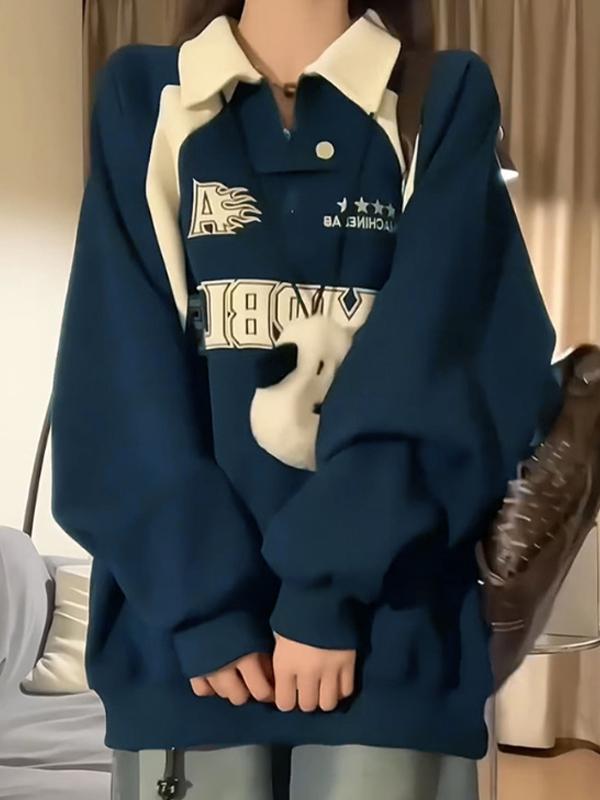 Vintage Letter Print Splice Half Zip Sweatshirt Product Image