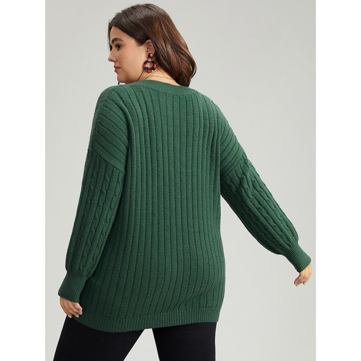 Plus Size Lurex Cable Knit Plain V Neck Pullover DarkGreen Women Casual Loose Long Sleeve V-neck Dailywear Pullovers BloomChic 26/4X Product Image