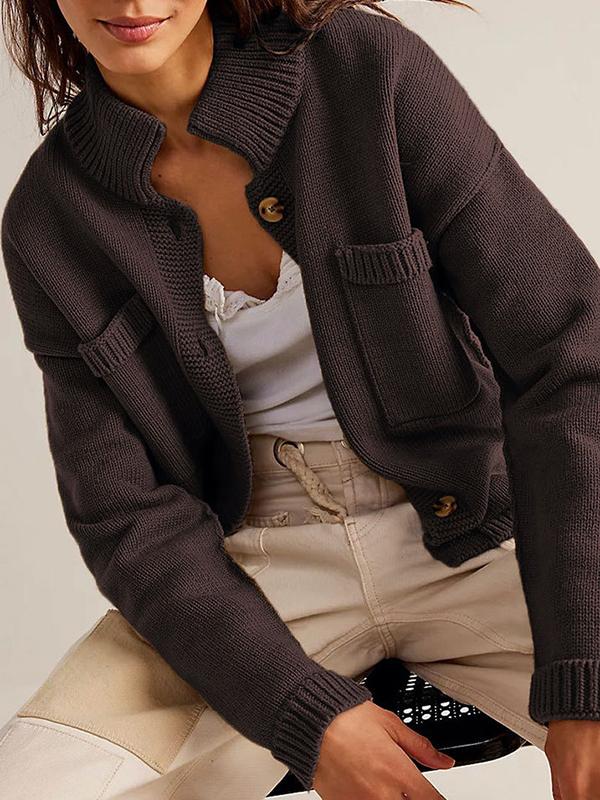 Long Sleeves Loose Buttoned Pockets Solid Color Split-Joint Stand Collar Cardigan Tops Product Image