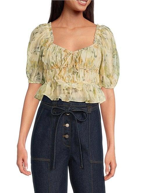 En Saison Elliot Floral Print Scoop Neck Short Puff Sleeve Organza Top Product Image